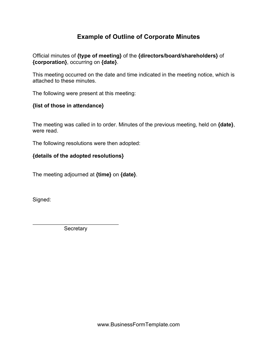 Sample Corporate Minutes Template - Document Preview