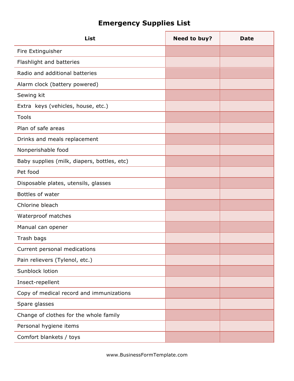 Printable Supply List Template