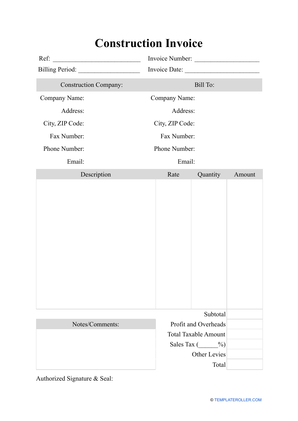 Construction Invoice Template, Page 1