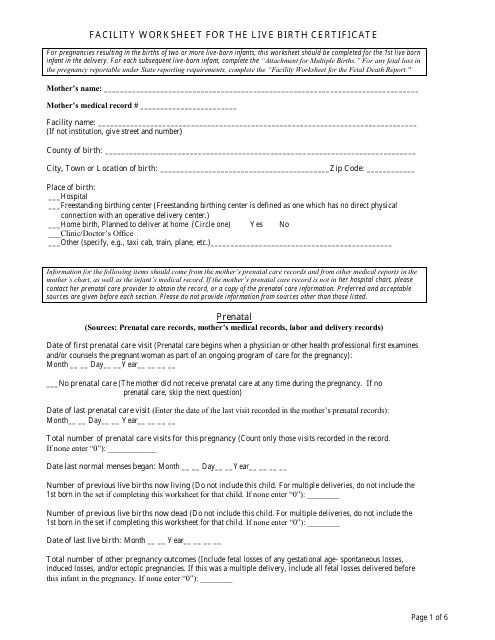 &quot;Facility Worksheet for the Live Birth Certificate&quot; Download Pdf