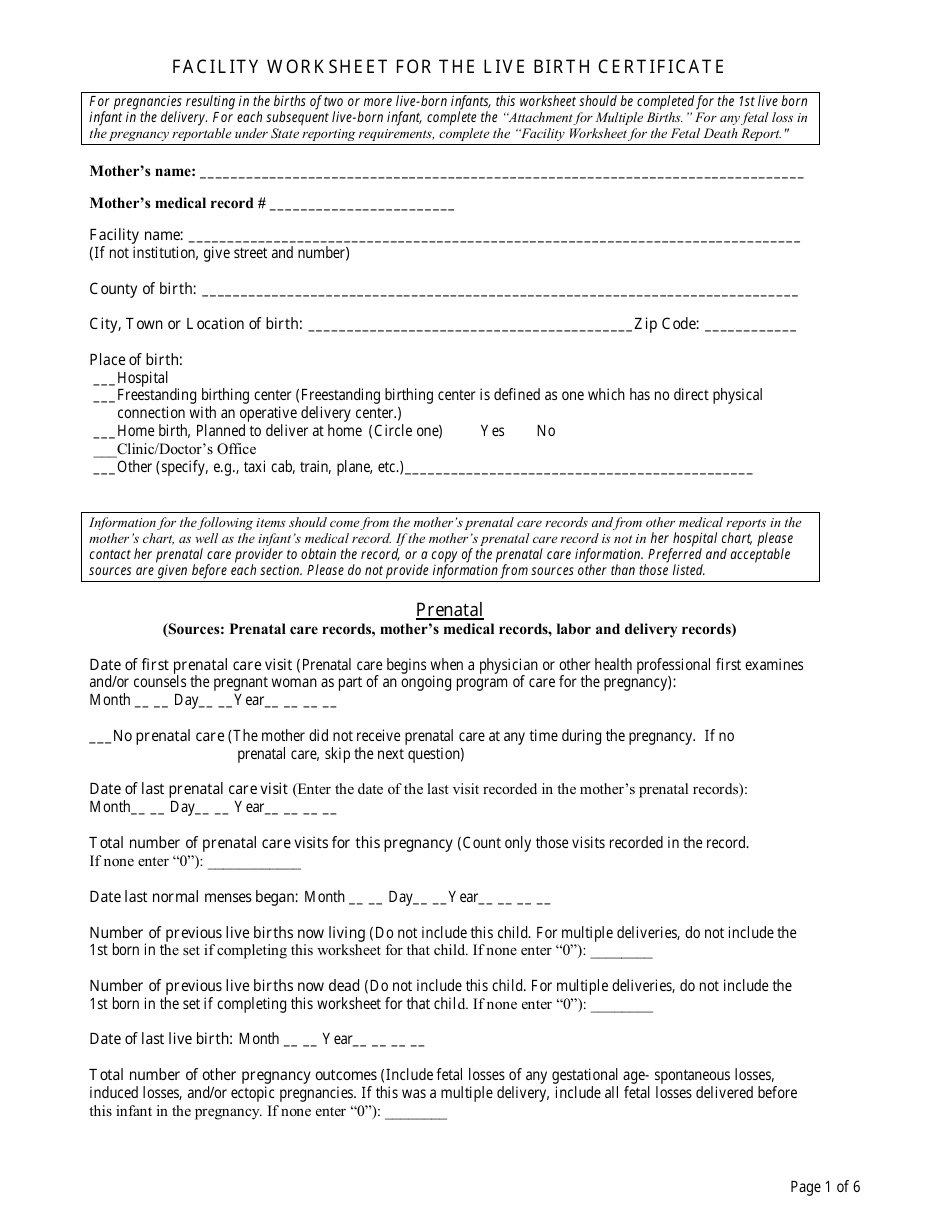 Live Birth Certificate Facility Worksheet