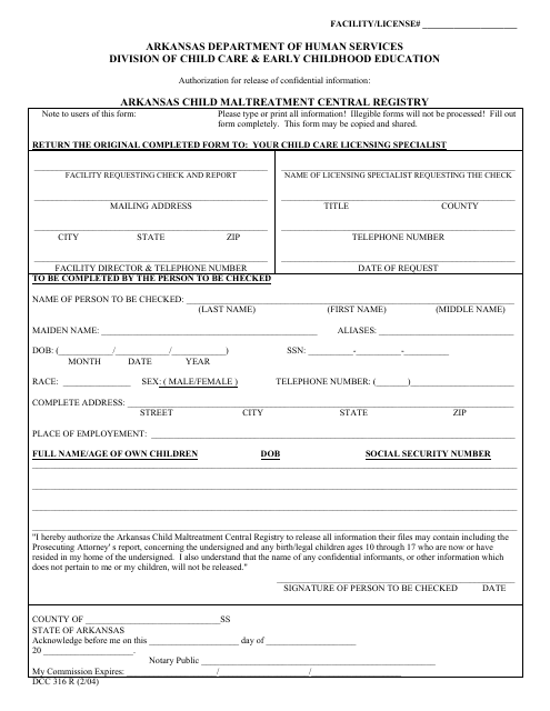 Form DCC316 R Arkansas Child Maltreatment Central Registry Authorization for Release of Confidential Information - Arkansas