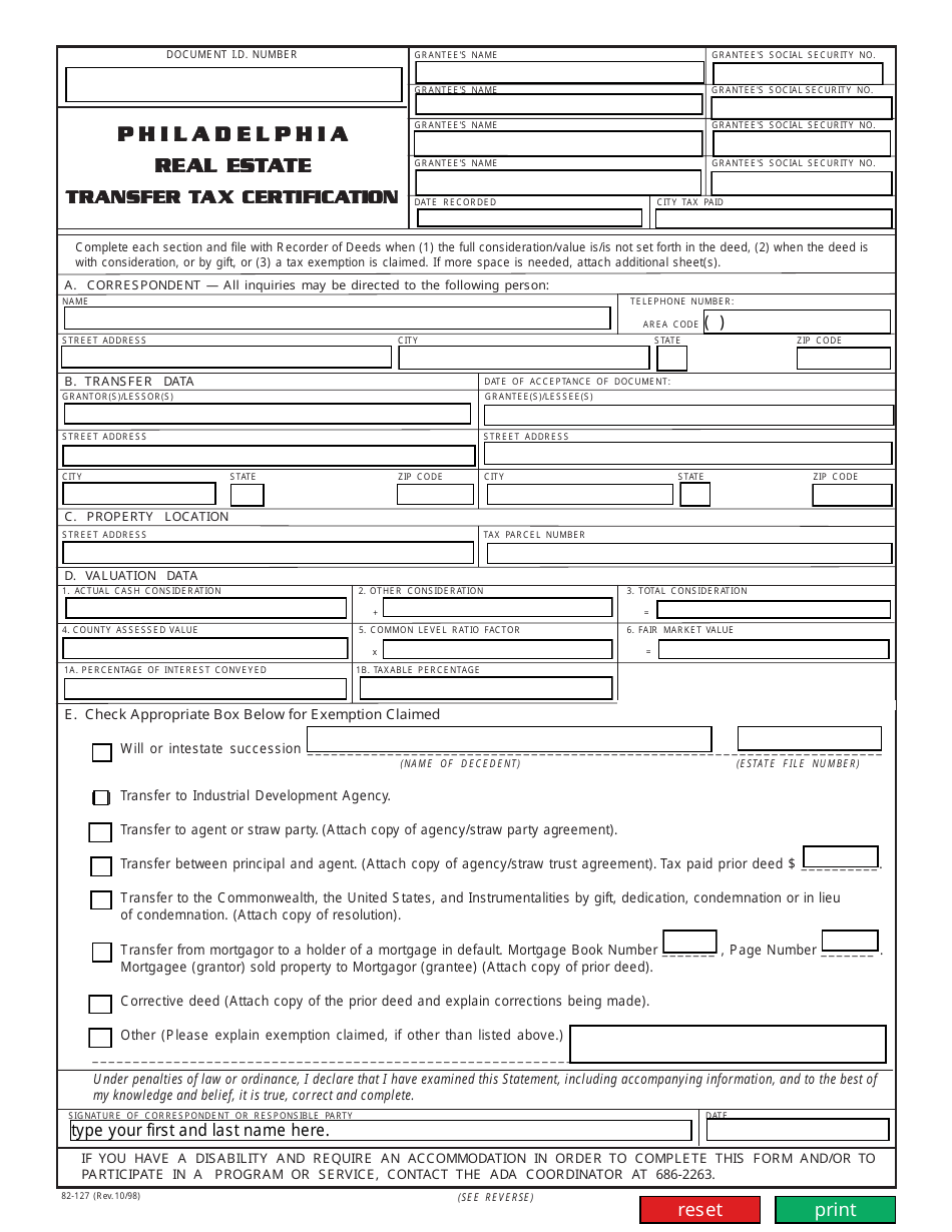 Form 82-127 Real Estate Transfer Tax Certification - City of Philadelphia, Pennsylvania, Page 1
