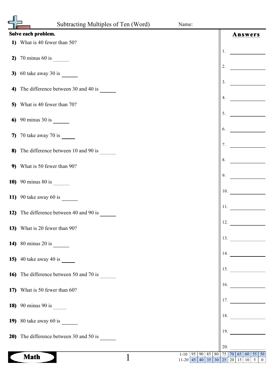 Subtracting Multiples of Ten (Word) Worksheets With Answers, Page 15