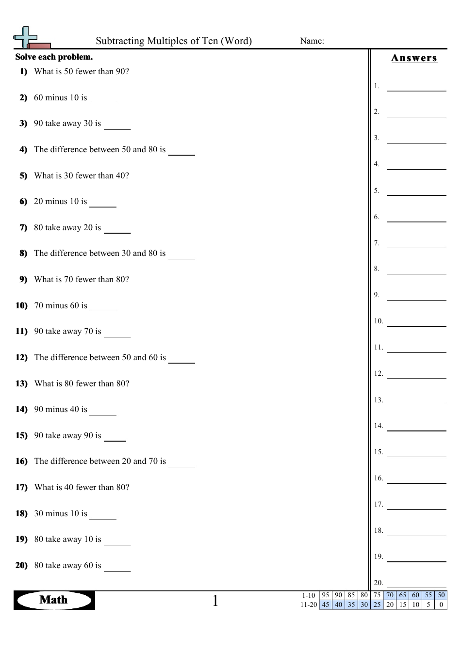 Subtracting Multiples of Ten (Word) Worksheets With Answers, Page 3