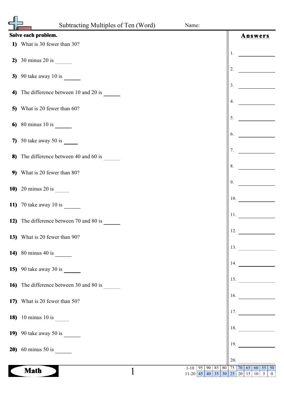 Subtracting Multiples of Ten (Word) Worksheets With Answers, Page 5
