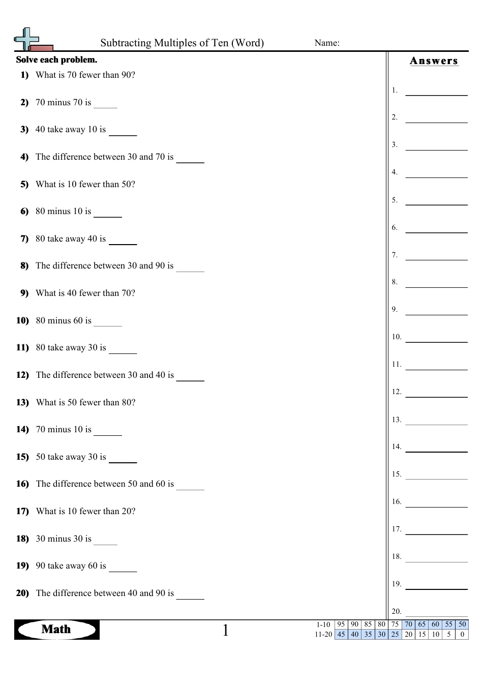 Subtracting Multiples of Ten (Word) Worksheets With Answers, Page 9
