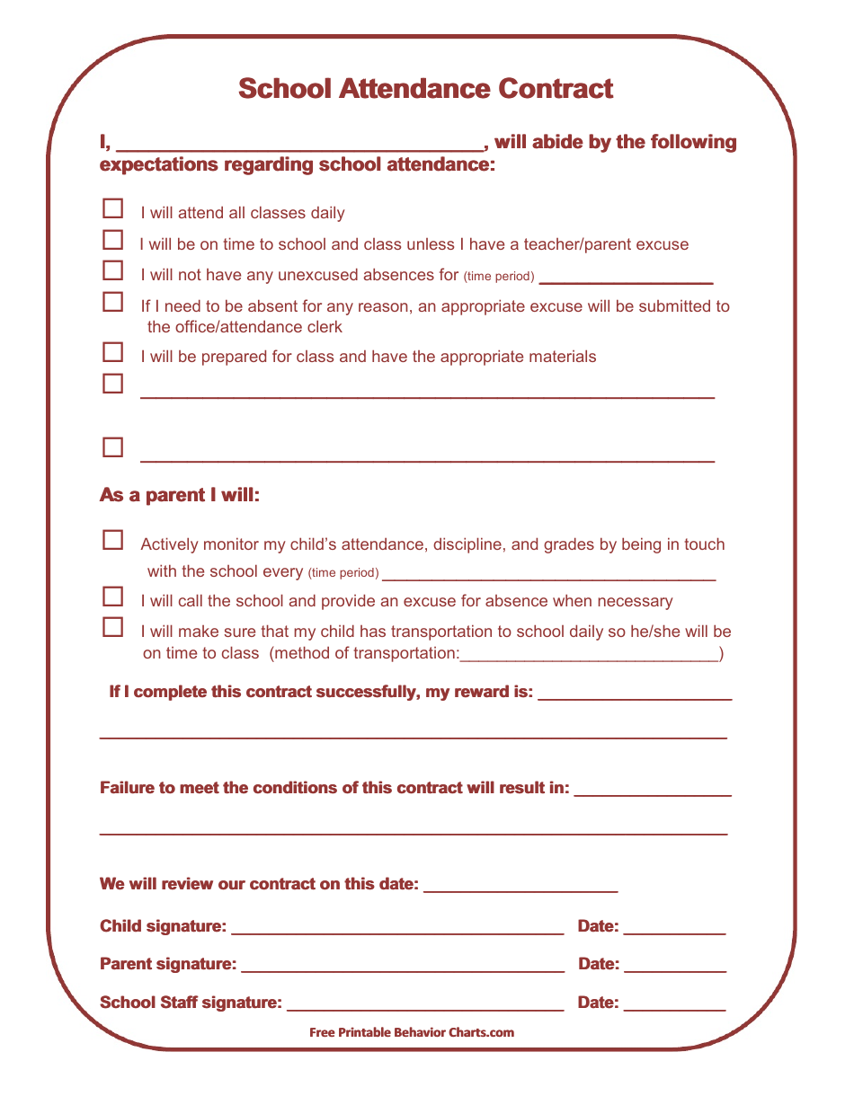 School Attendance Contract Template Download Printable PDF Inside good behavior contract templates