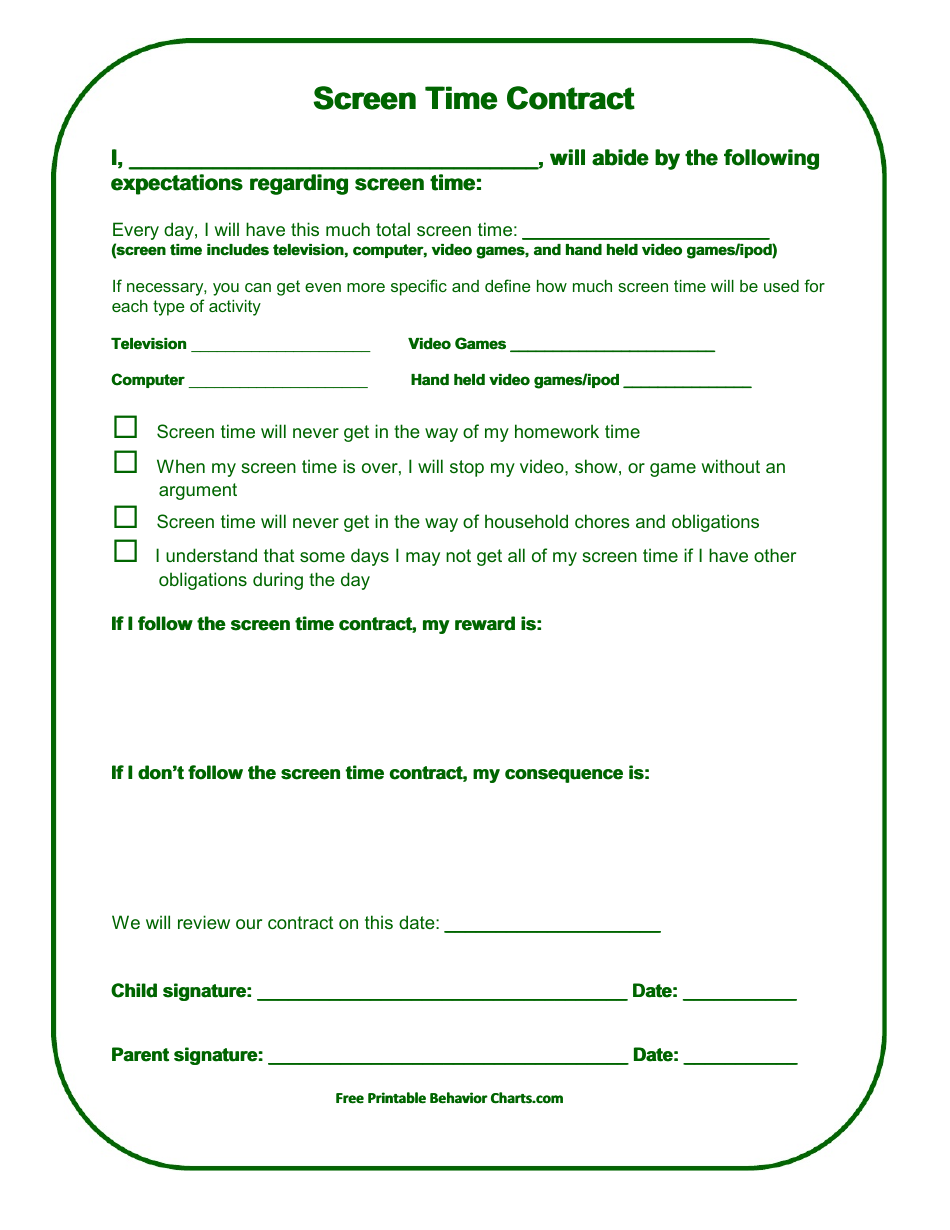 Screen Time Parents Kids Contract Template, Page 1
