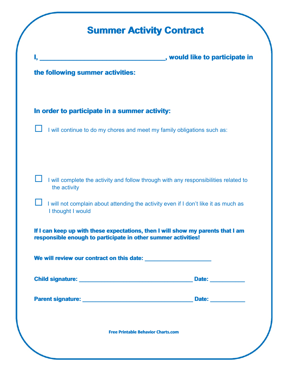 Summer Activity Contract Template, Page 1