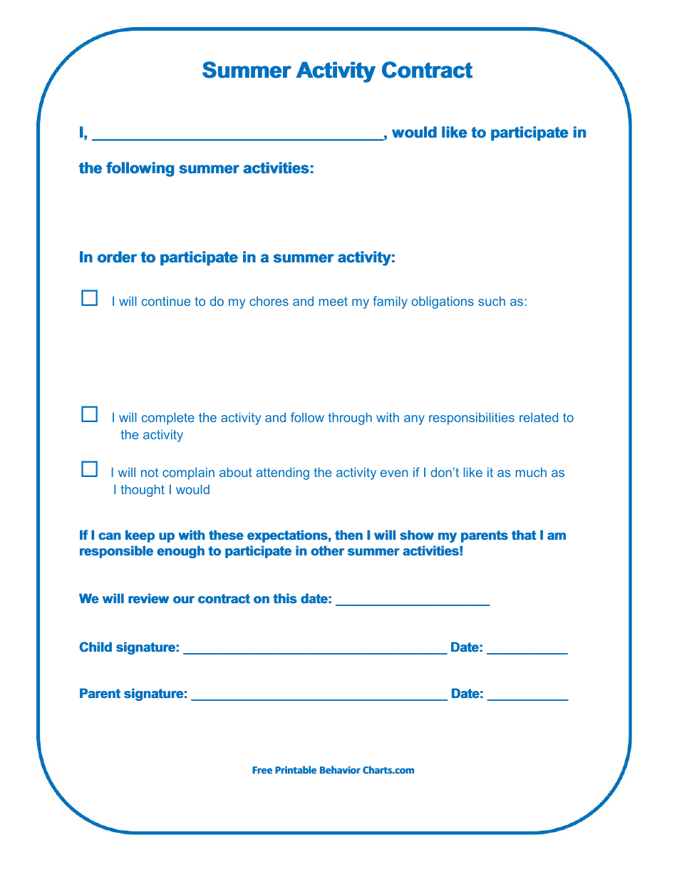 Summer Activity Contract Template - Fill Out, Sign Online and Download ...