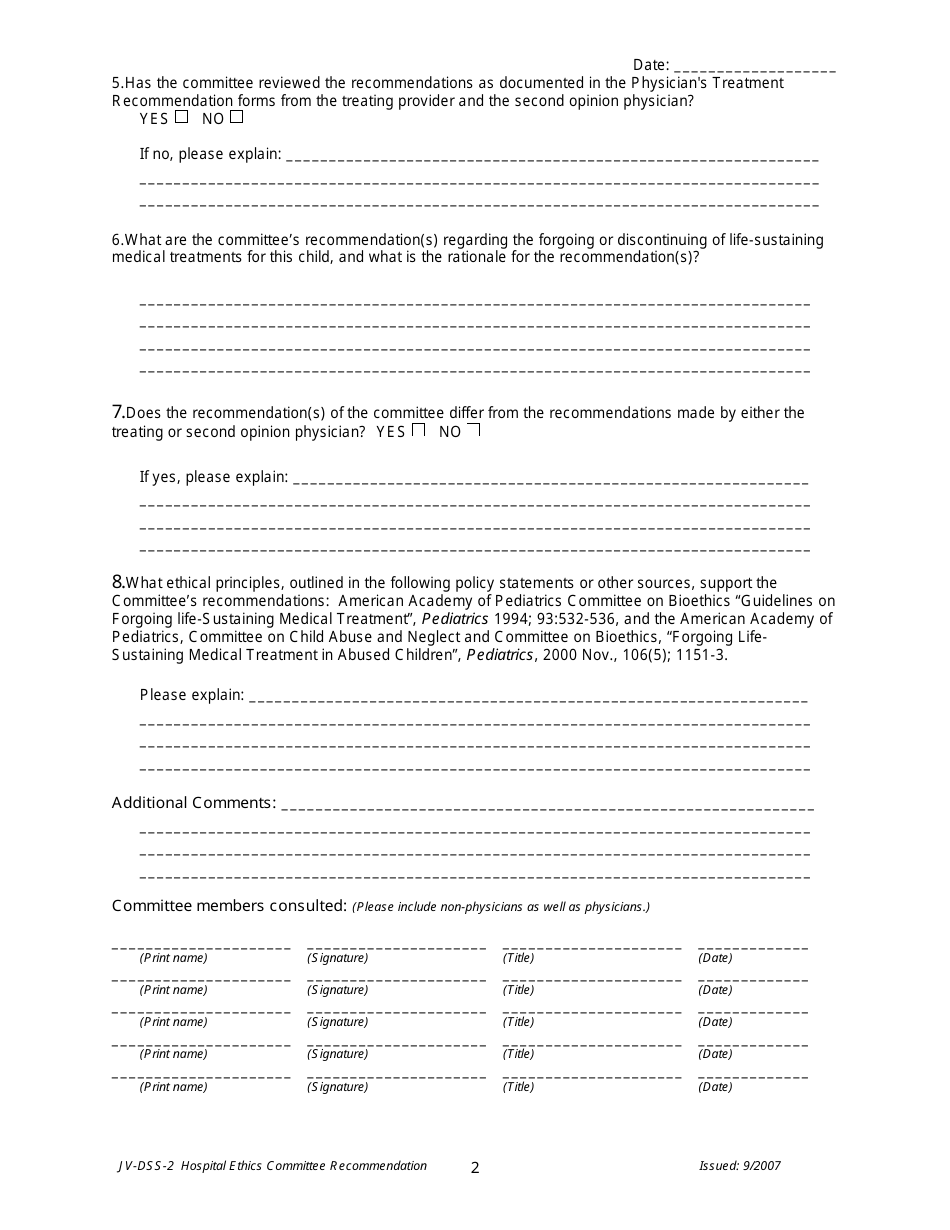 Form JV-DSS-2 Hospital Ethics Committee Recommendation Forgoing or Discontinuing Life Sustaining Medical Treatment - Massachusetts, Page 2