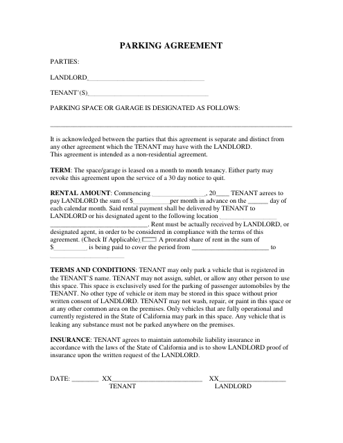 Parking Agreement Template - California Download Pdf