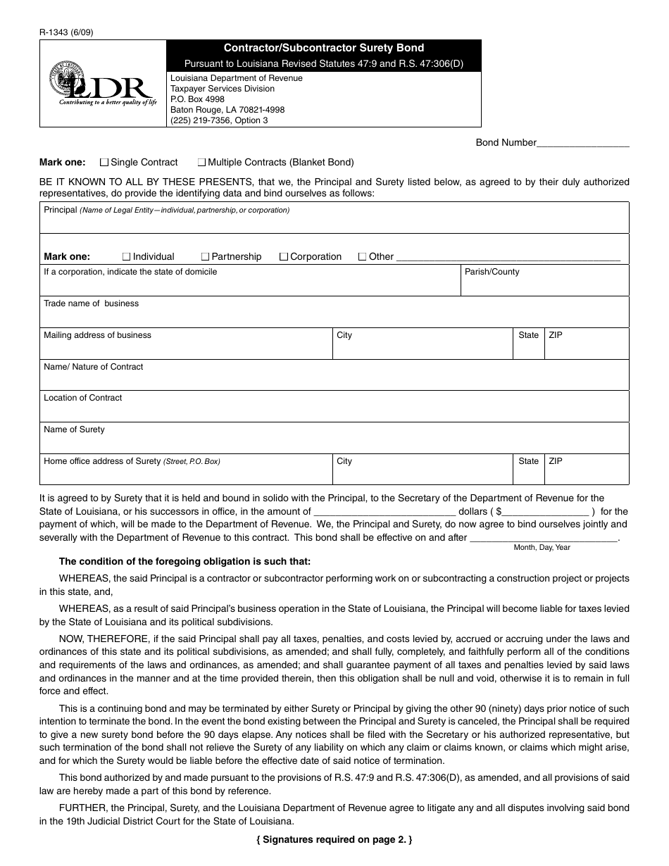 Form R-1343 Contractor/Subcontractor Surety Bond - Louisiana, Page 1