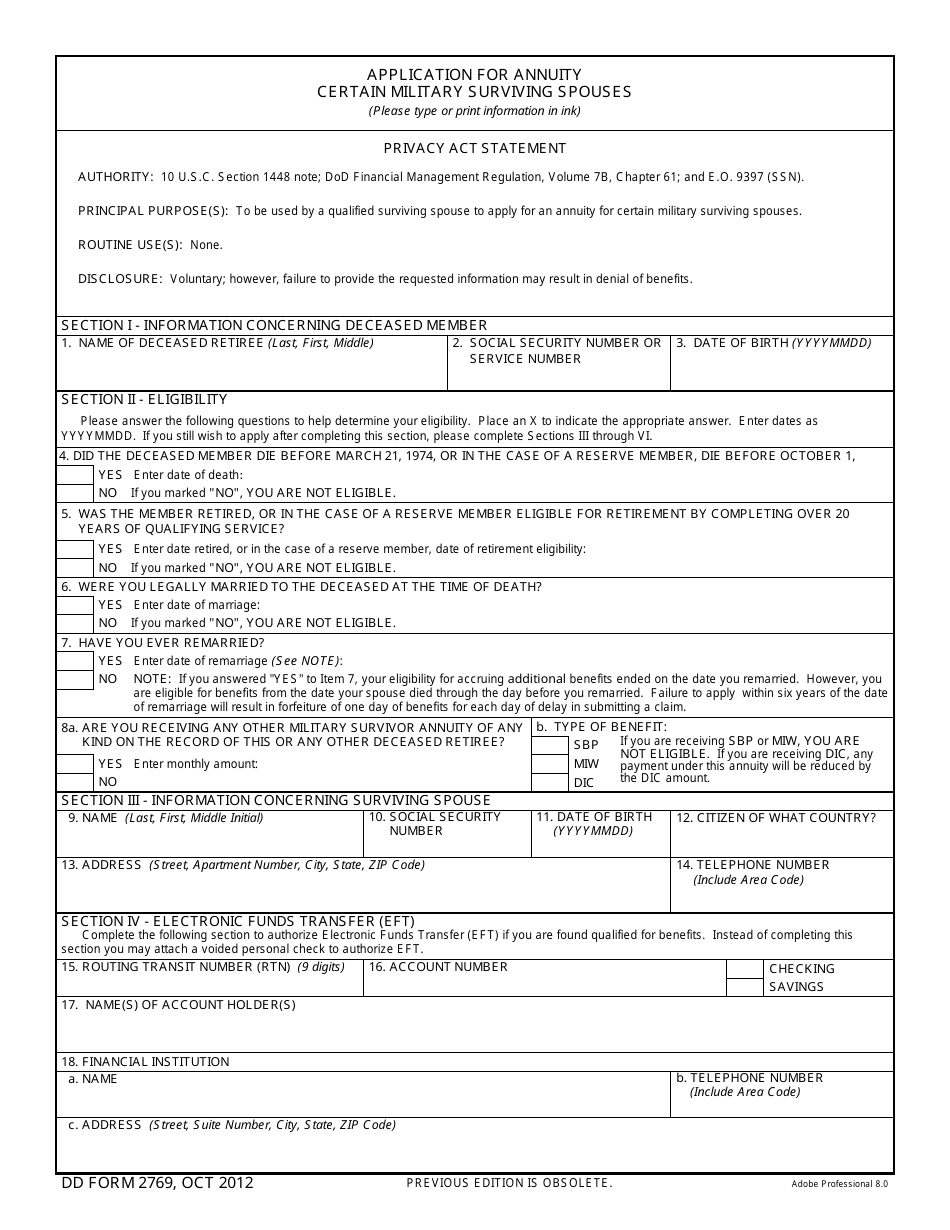 DD Form 2769 Application for Annuity Certain Military Surviving Spouses, Page 1