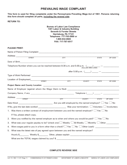 Form LLC-15 Prevailing Wage Complaint - Pennsylvania