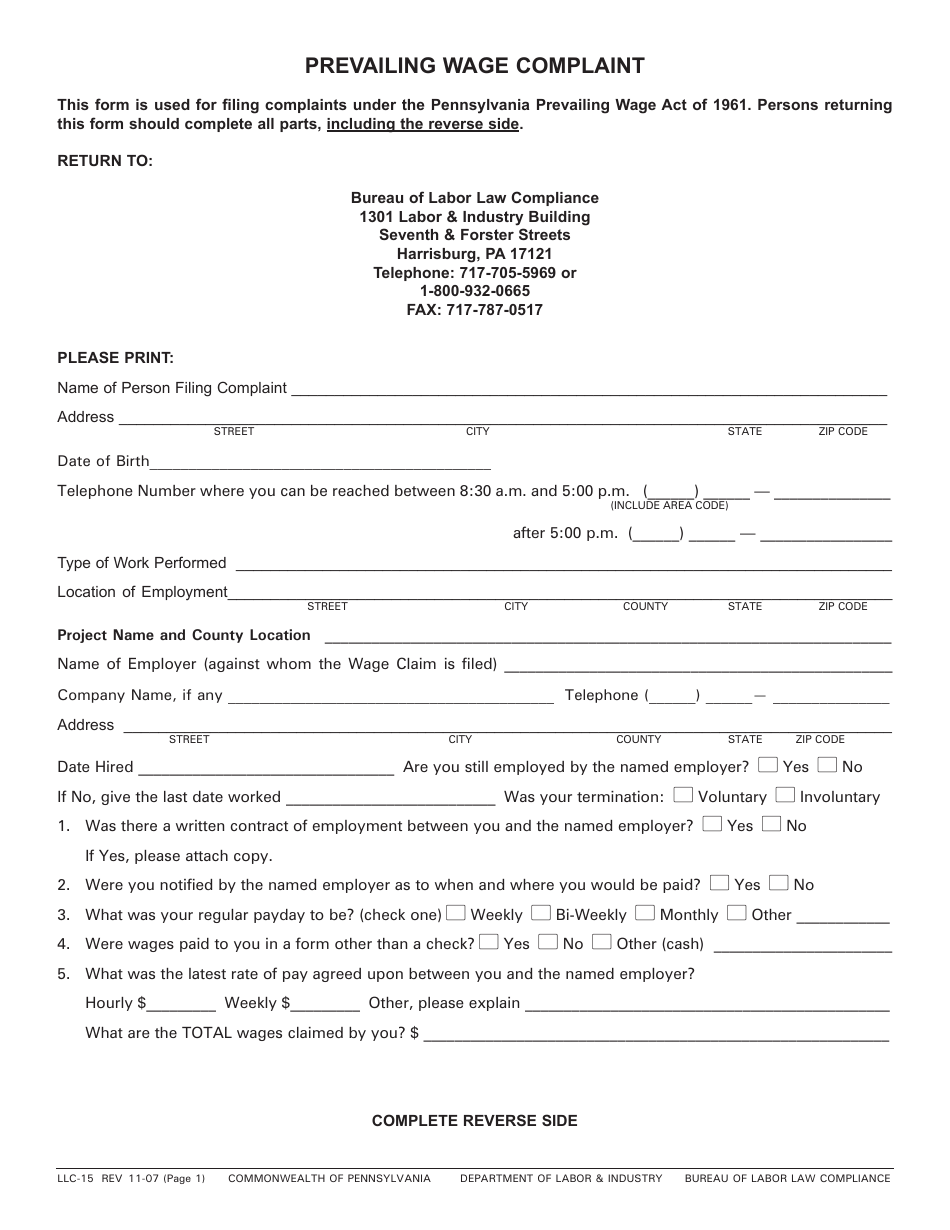 Form LLC-15 Prevailing Wage Complaint - Pennsylvania, Page 1