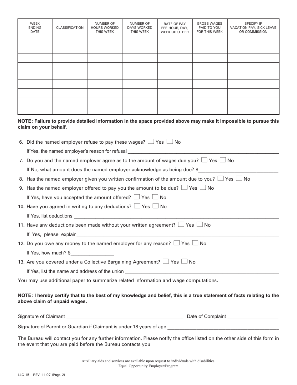 Form LLC-15 Prevailing Wage Complaint - Pennsylvania, Page 2