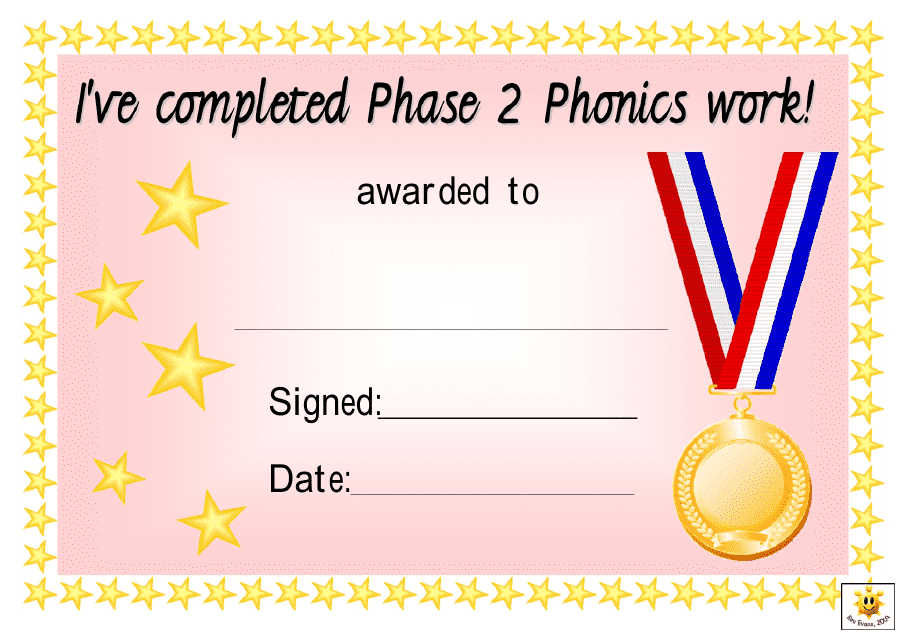 &quot;Completion Phases 2-6 Phonics Work Award Certificate Template&quot; Download Pdf