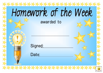 Document preview: Homework of the Week Award Certificate Template - Blue