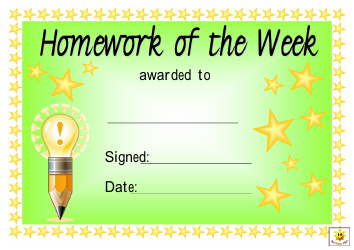 Document preview: Homework of the Week Award Certificate Template - Green