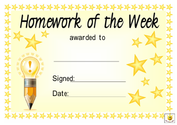Document preview: Homework of the Week Award Certificate Template - Yellow