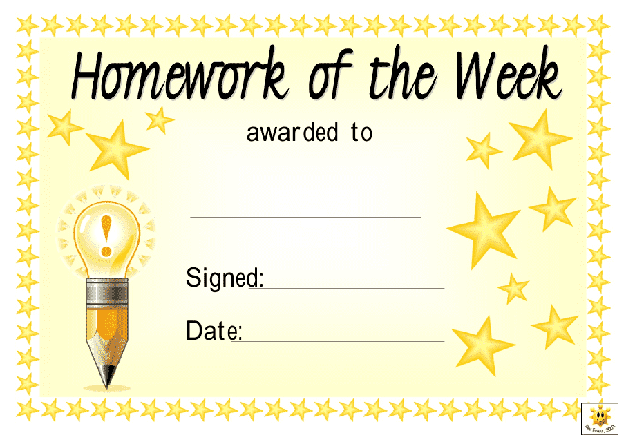 Homework of the Week Award Certificate Template - Yellow