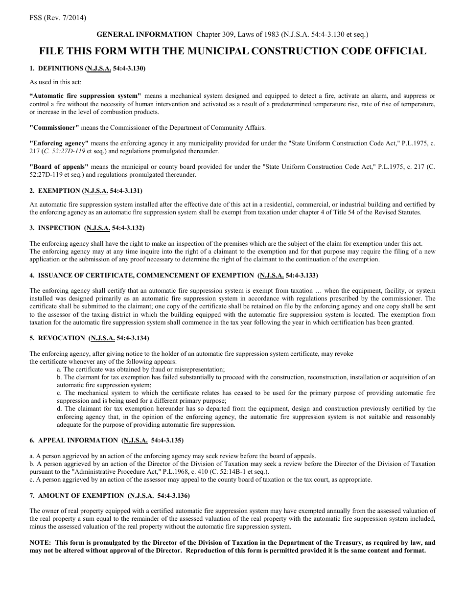 Form FSS Claim for Property Tax Exemption for Automatic Fire Suppression Systems - New Jersey, Page 2