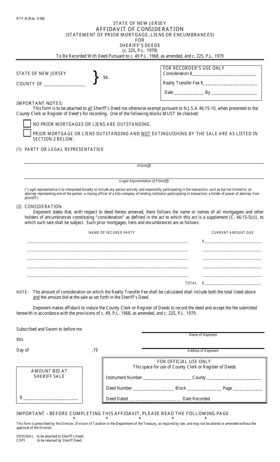Form RTF-8 Affidavit of Consideration (Statement of Prior Mortgage, Liens or Encumbrances) for Sheriffs Deeds - New Jersey, Page 1