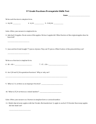 Document preview: 5th Grade Fractions Prerequisite Skills Test - Santa Ana Unified School District