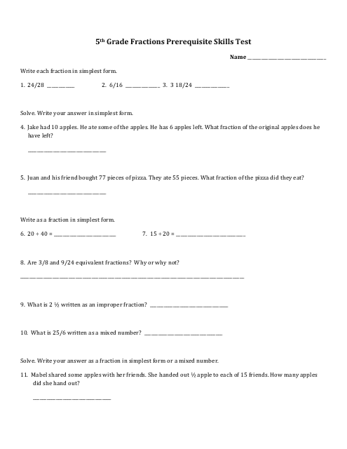 5th Grade Fractions Prerequisite Skills Test - Santa Ana Unified School District Download Pdf