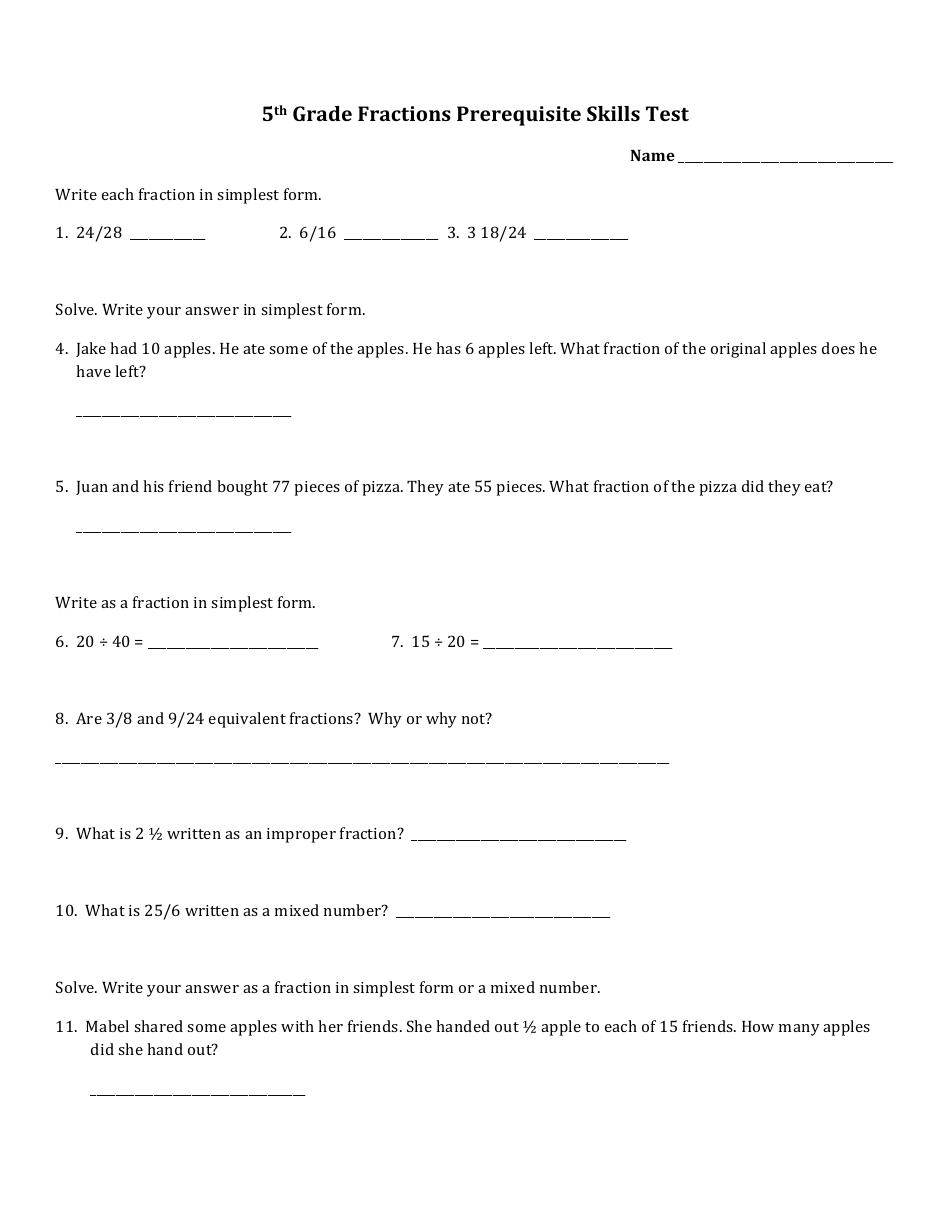 5th Grade Fractions Prerequisite Skills Test - Santa Ana Unified School District, Page 1