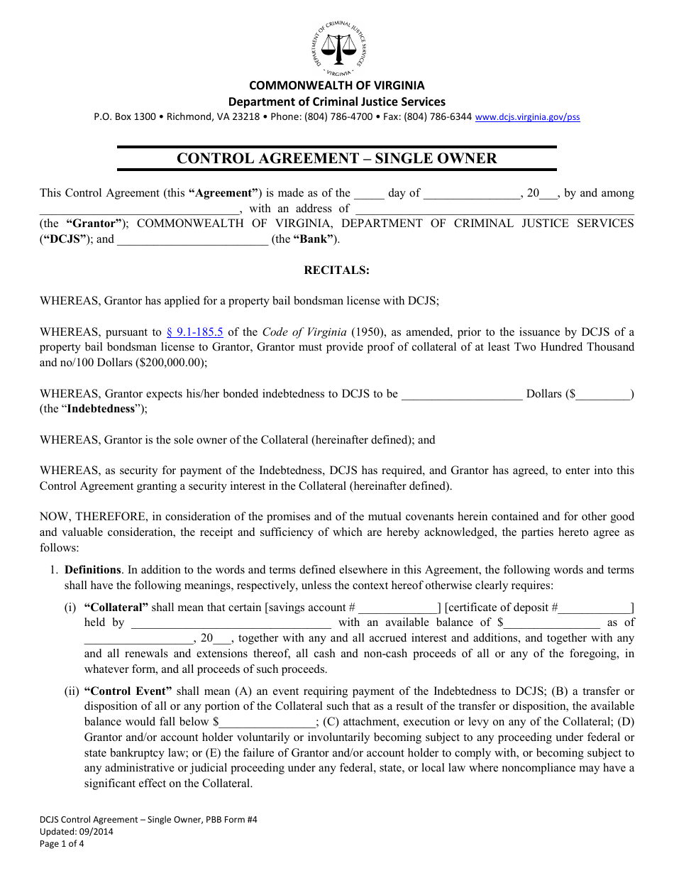 PBB Form 4 Control Agreement - Single Owner - Virginia, Page 1