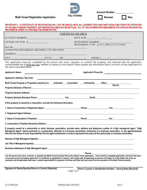Form CCS-FRM-274 Multi-Tenant Registration Application and Renewal - City of Dallas, Texas