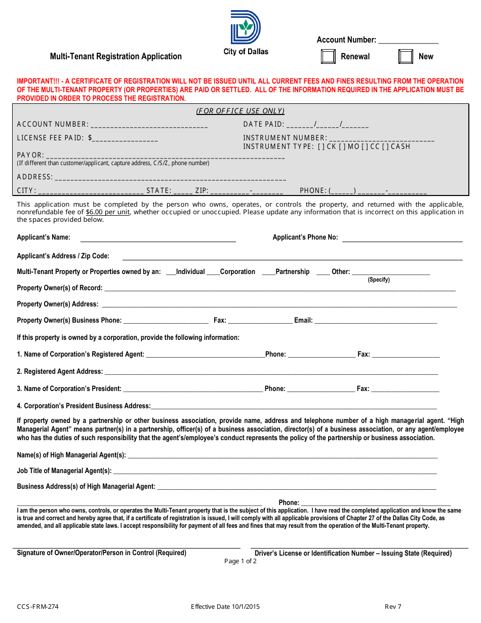 Form CCS-FRM-274 Multi-Tenant Registration Application and Renewal - City of Dallas, Texas, Page 1