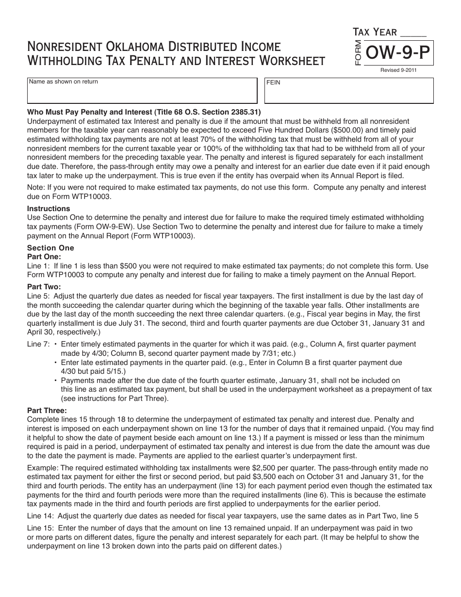 Form OW-9-P Nonresident Oklahoma Distributed Income Withholding Tax Penalty and Interest Worksheet - Oklahoma, Page 1