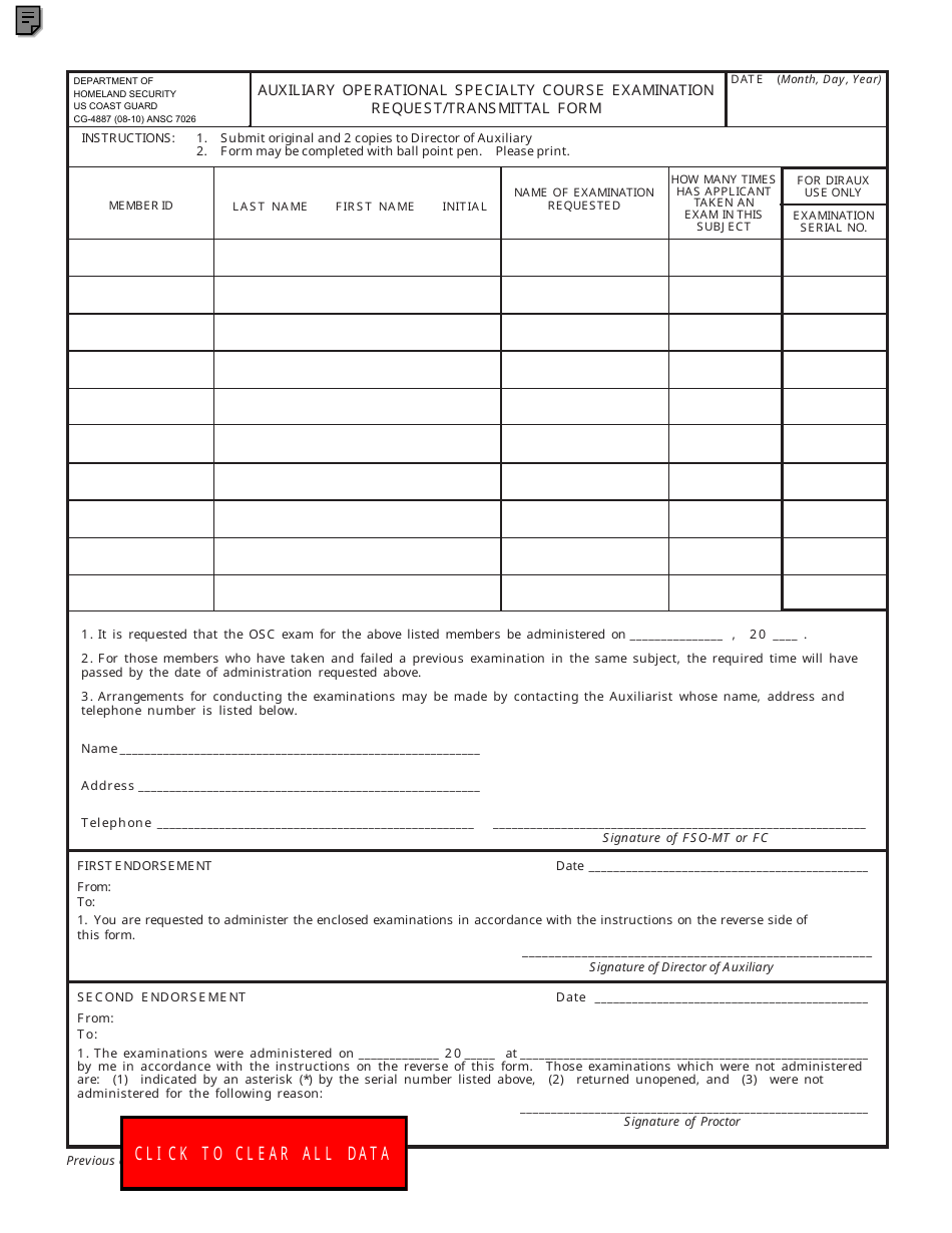 Form CG-4887 (ANSC7026) Auxiliary Operational Specialty Course Examination Request / Transmittal Form, Page 1