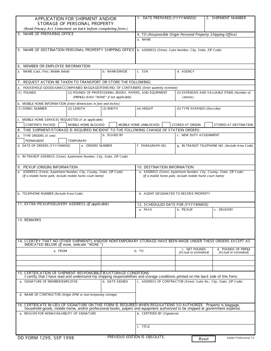 Dd 1299 Fillable : Fillable Dd Form 1299 Application For Shipment And ...