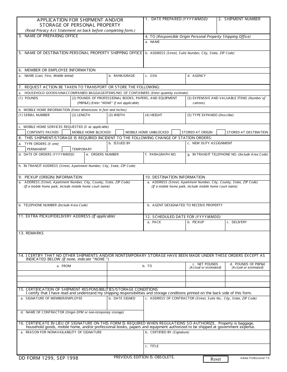 DD Form 1299 Application for Shipment and / or Storage of Personal Property, Page 1