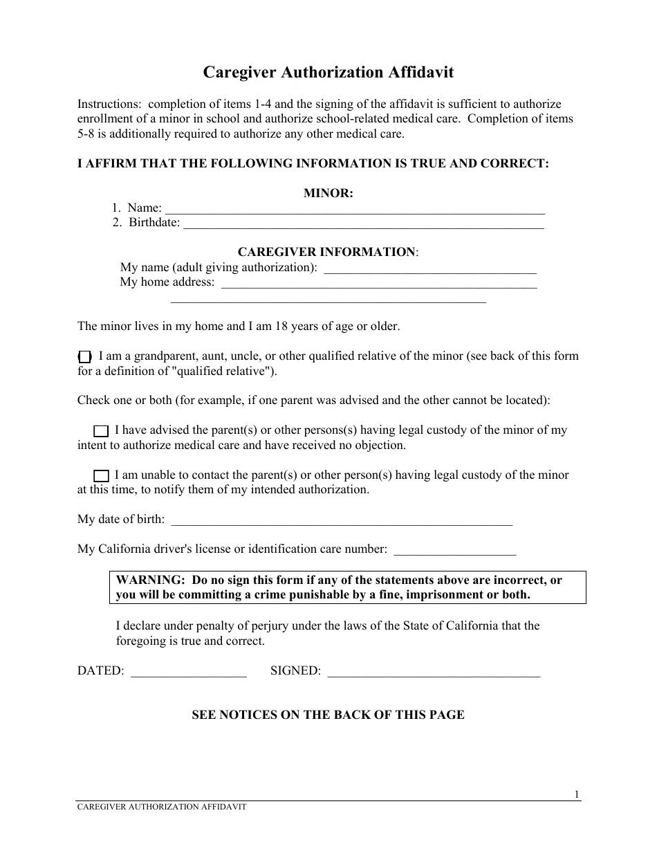 Caregiver Authorization Affidavit Form - California, Page 1