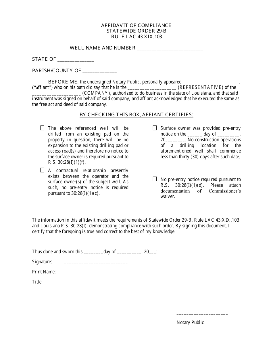 Affidavit of Compliance - Louisiana, Page 1