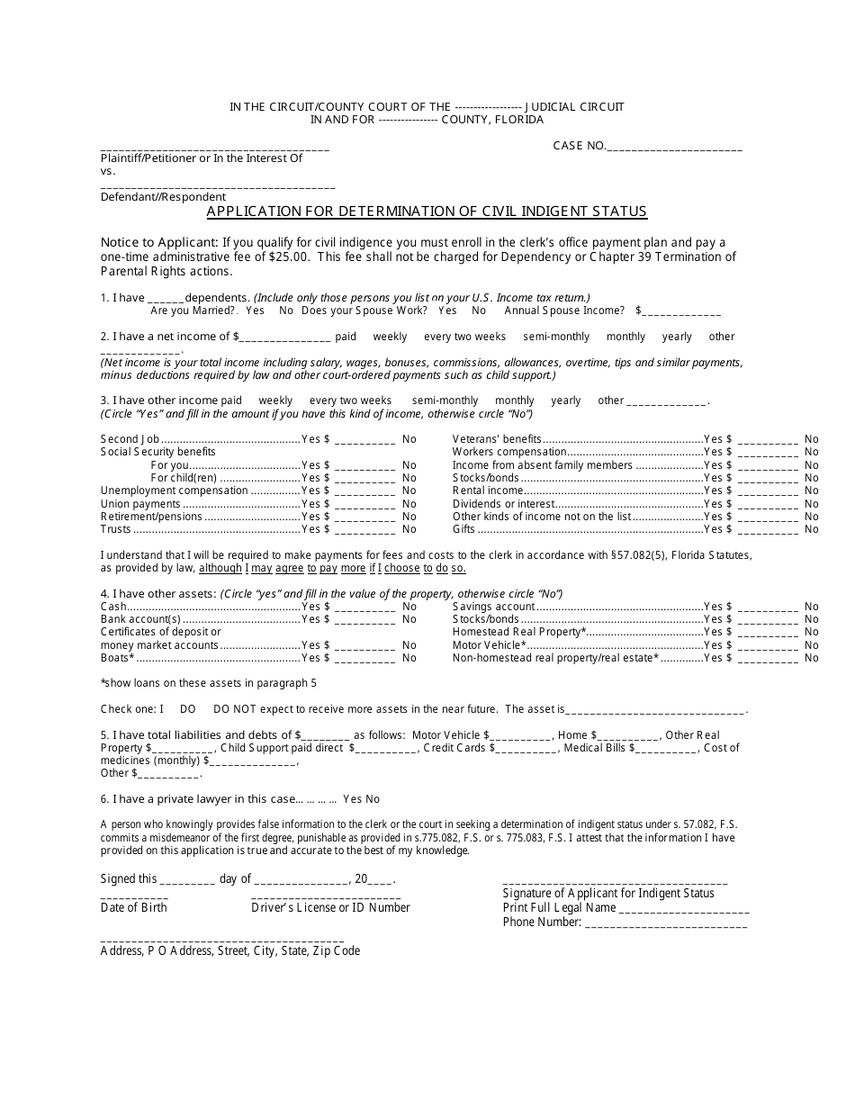 Application for Determination of Civil Indigent Status - Florida, Page 1