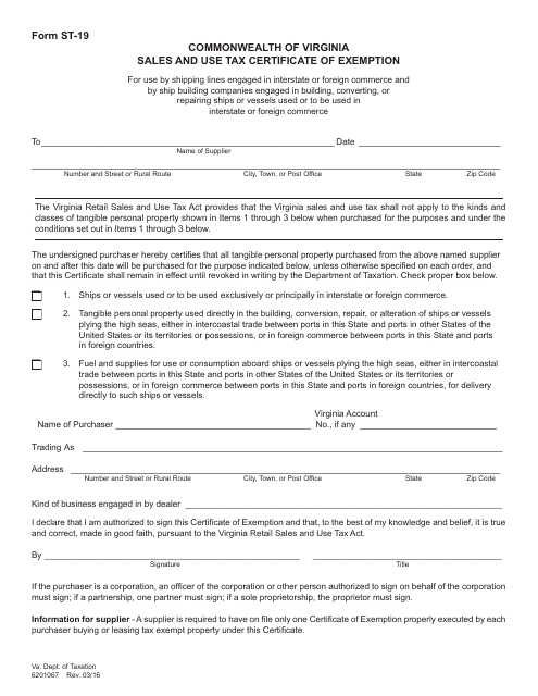 Form ST-19 Shipping Commerce Exemption Certificate - Virginia