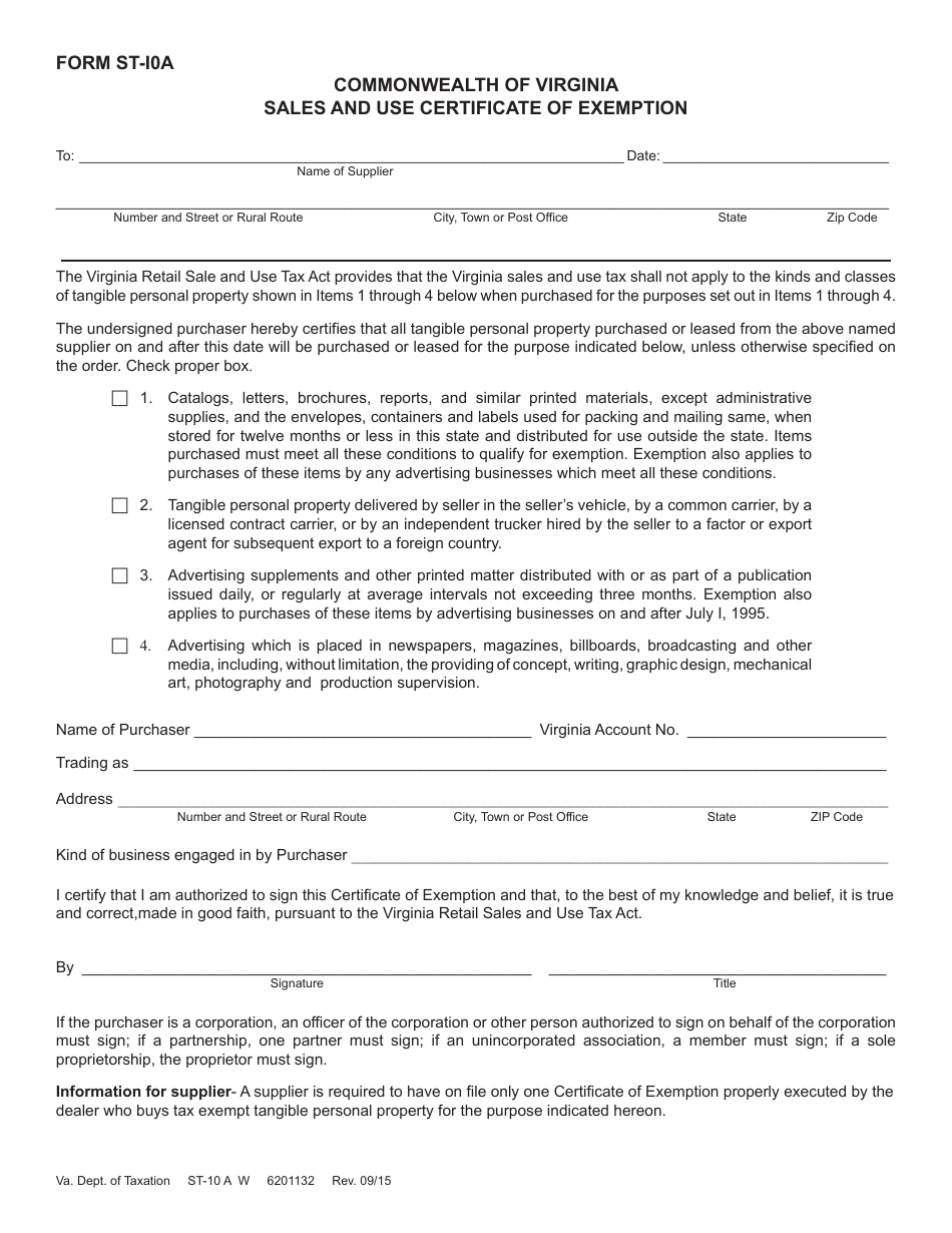 Form ST-10A Printed Materials Exemption Certificate - Virginia, Page 1
