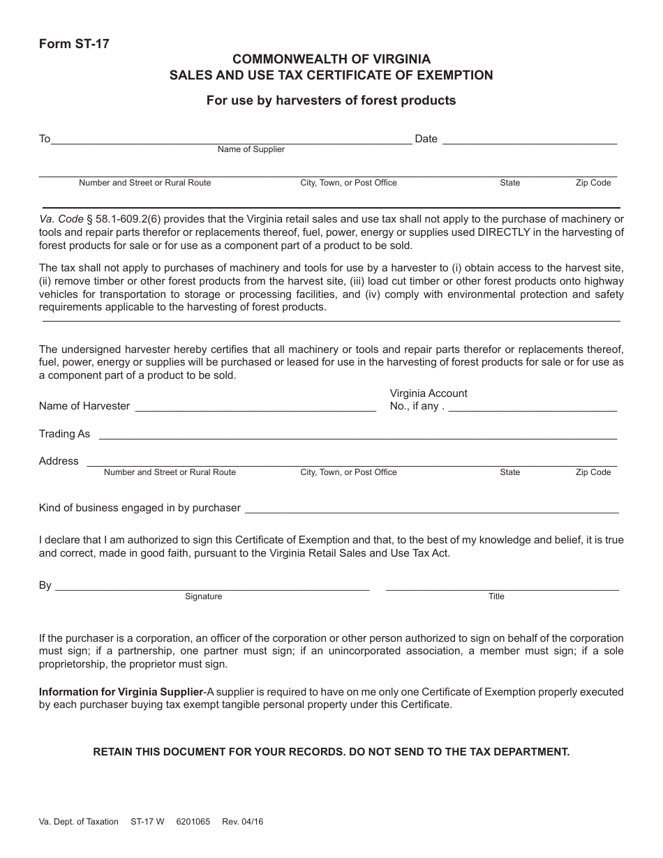 Form ST-17 Forest Harvesters Exemption Certificate - Virginia, Page 1