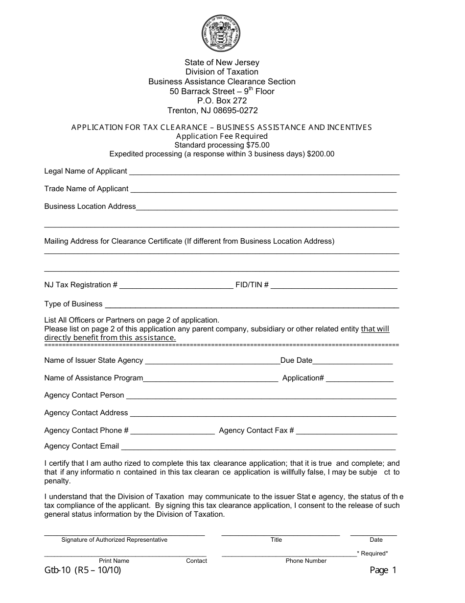 Form GTB-10 Application for Tax Clearance - Business Assistance and Incentives - New Jersey, Page 1