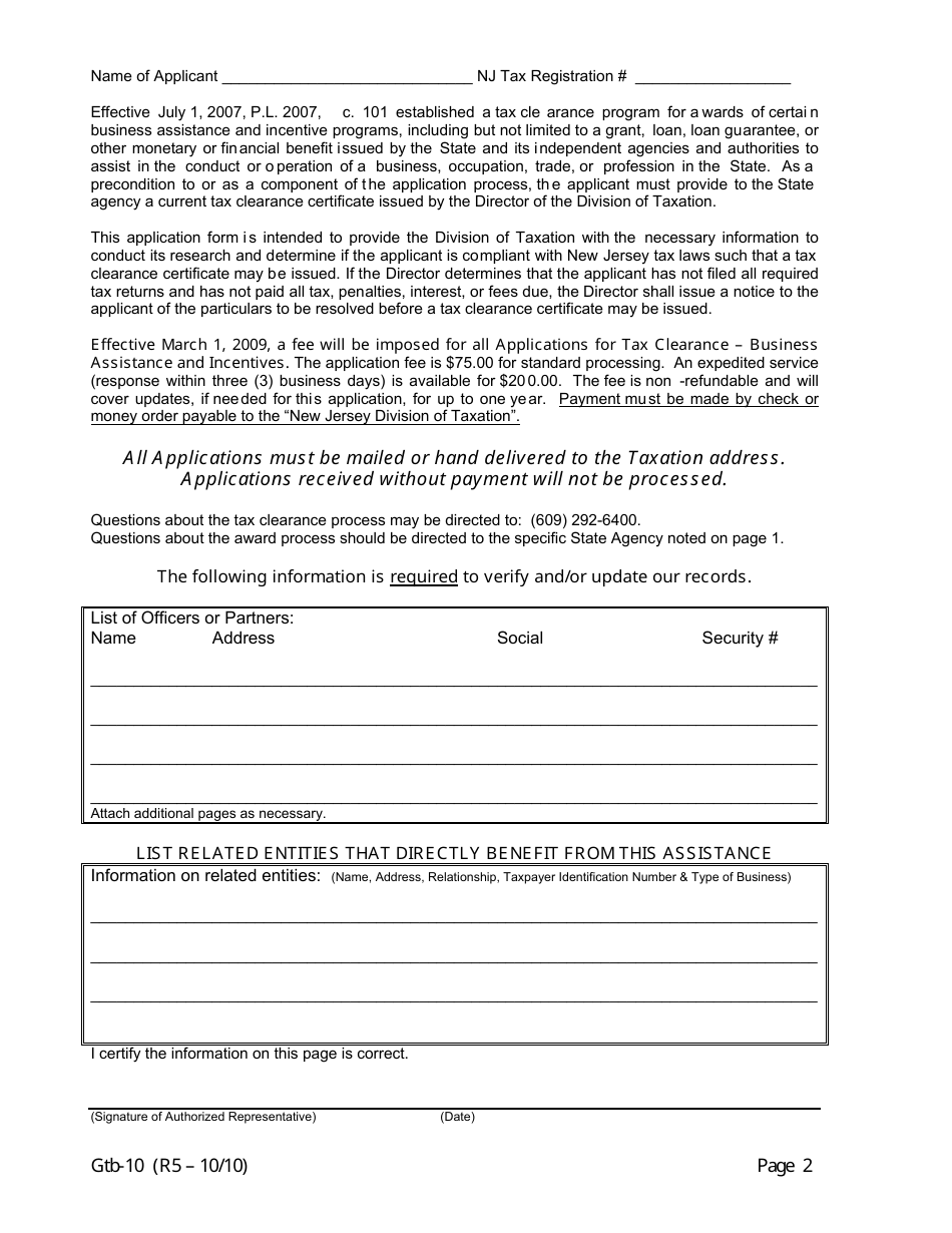 Form GTB-10 Application for Tax Clearance - Business Assistance and Incentives - New Jersey, Page 2