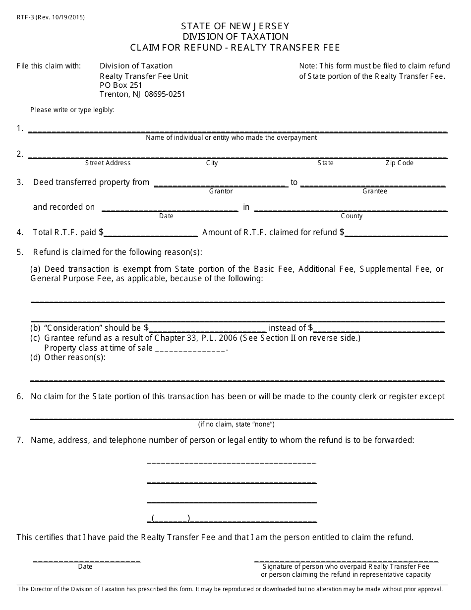 Form RTF-3 Claim for Refund - Realty Transfer Fee - New Jersey, Page 1