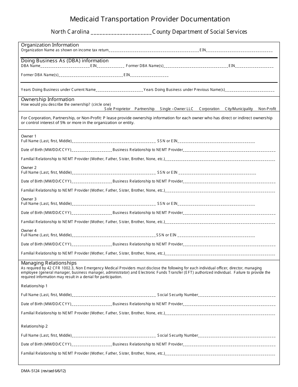Form DMA-5124 Medicaid Transportation Provider Documentation - North Carolina, Page 1
