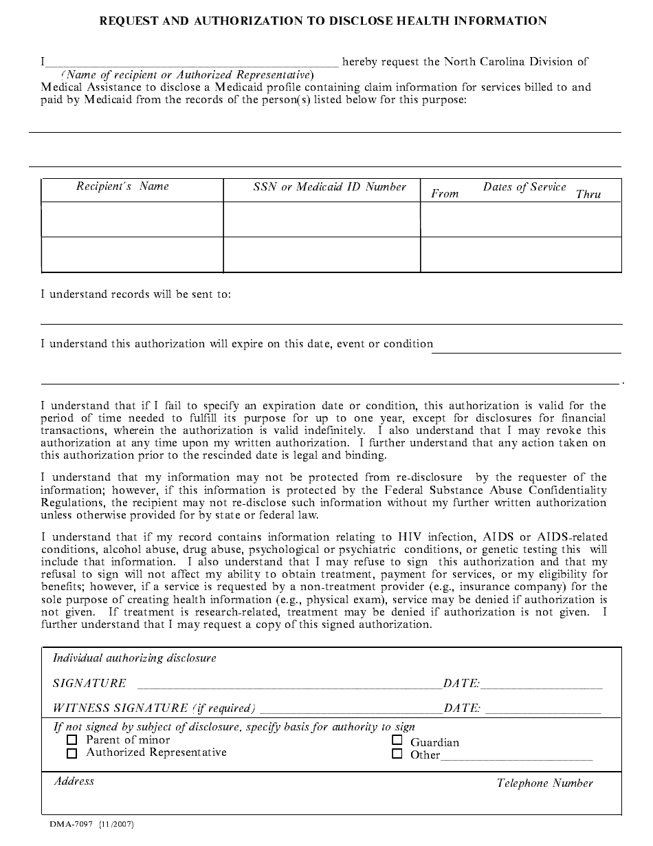 Form DMA-7097-ia Request and Authorization to Disclose Health Information - North Carolina, Page 1